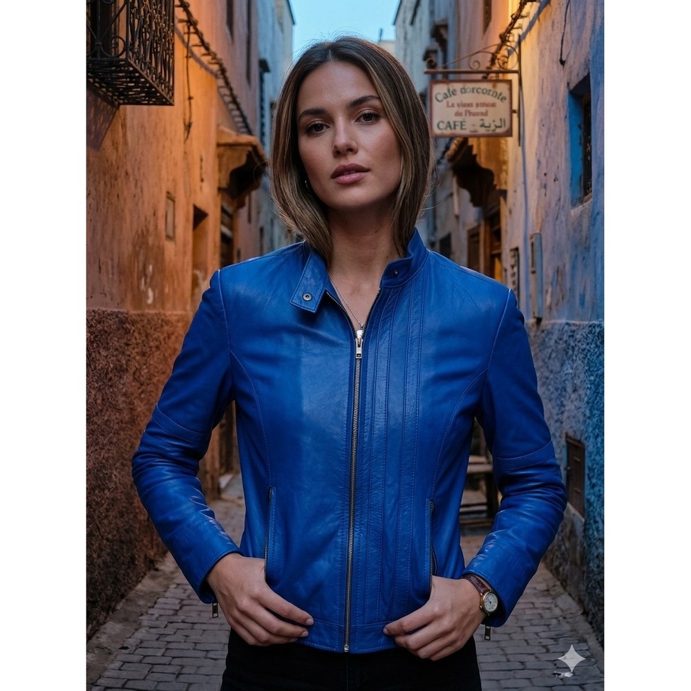Maison de Cuir Slimani Blue Leather Jacket Women Size 48 Moto Zip Up Coat